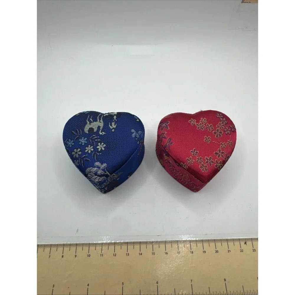 Set Of 2 Asian Ring Jewelry Box Compact Fabric Floral Portable - Heart Shaped